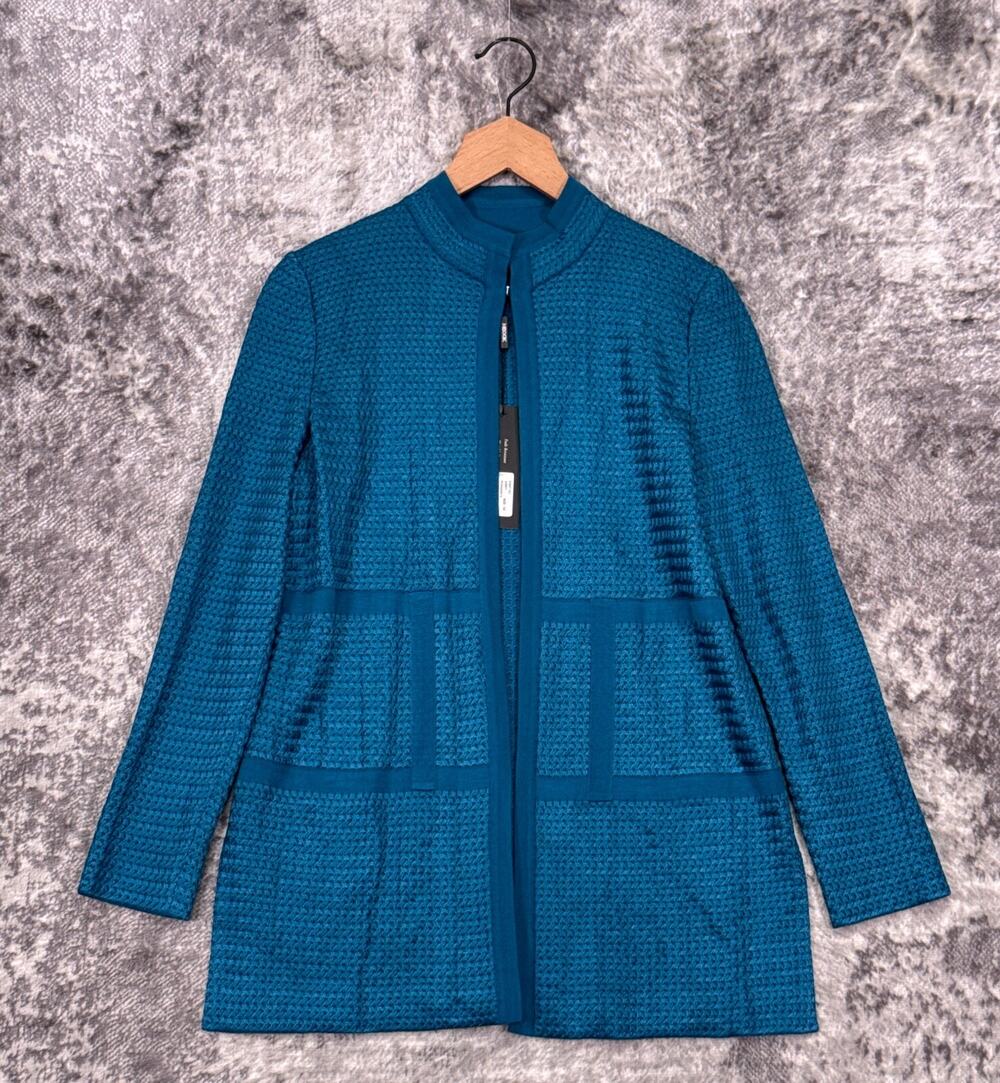 New Misook Jacket XS Womens Blue Fine Knit Wrinkle Free Band Collar Open Front